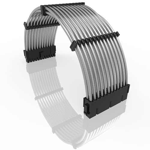 LINKUP - 50cm ATX 24-Poliges (20+4) Motherboard PSU Geflochtenes Sleeved Verlängerungskabel für Stromversorgung mit Kammern | Robustes und Steifes Design | Einzelverpackung | 500mm - Metallic-Silber von LINKUP