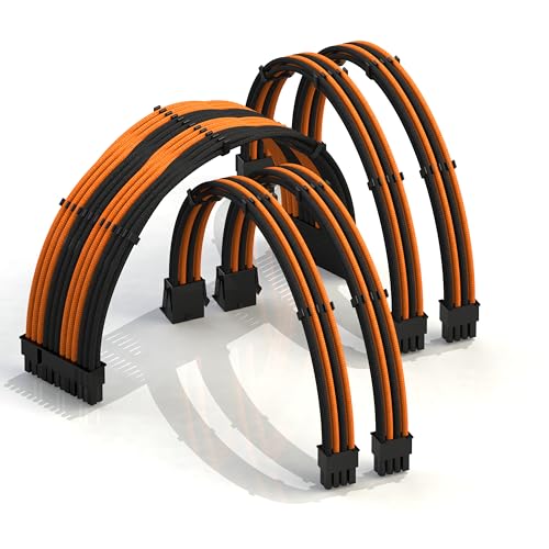 LINKUP - 50cm Superweiche und Flexible Netzteilkabel mit Verlängerungshülsen Custom Mod GPU PC Geflochten mit Kamm-Kit | 1x 24 P (20+4) | 2x 8 P (4+4) CPU | 2x 8 P (6+2) GPU set | 500mm Orange Schwarz von LINKUP