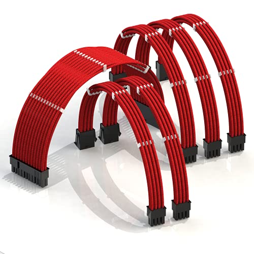 LINKUP - AVA 30cm PSU Kabelverlängerung Ummantelt GPU Nach Maß PC Stromversorgung mit Kamm-Kit - Kompatibel mit RTX3090 | 1x 24 P (20+4) | 2X 8 P (4+4) CPU | 3X 8 P (6+2) GPU Set | 300mm - Rot von LINKUP