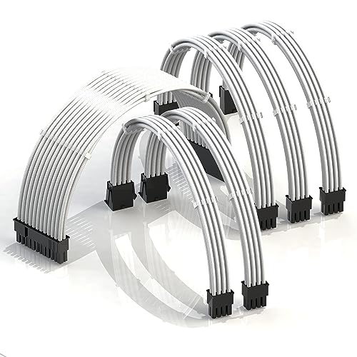 LINKUP - AVA 50cm PSU Kabelverlängerung Ummantelt GPU Nach Maß PC Stromversorgung mit Kamm-Kit - Kompatibel mit RTX3090 | 1x 24 P (20+4) | 2x 8 P (4+4) CPU | 3x 8 P (6+2) GPU set | 500mm - Weiß - von LINKUP