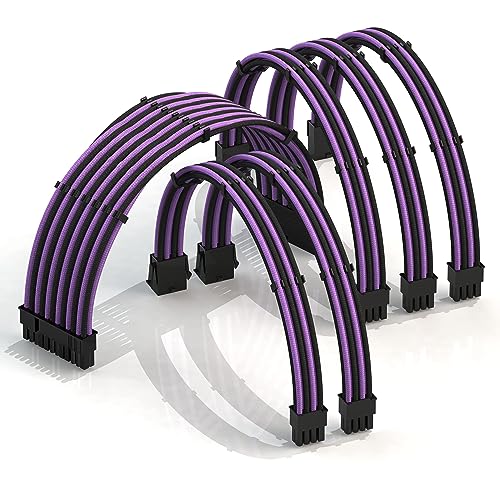 LINKUP - AVA 50cm PSU Kabelverlängerung Ummantelt GPU Nach Maß PC Stromversorgung mit Kamm-Kit - Kompatibel mit RTX3090 | 1x 24P (20+4) | 2x 8P (4+4) CPU | 3x 8P (6+2) GPU set | 500mm - Lila Schwarz - von LINKUP