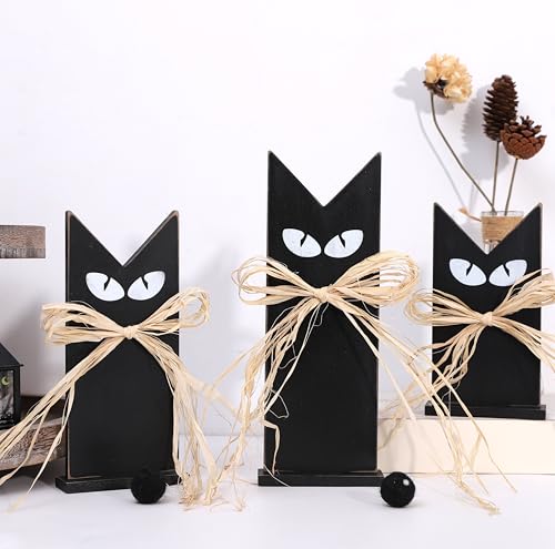 3er Set Holz Schwarze Katzen Tischdekoration - Rustikale Halloween-Dekorationen, gestufte Tablett-Akzente, Bauernhaus Gruselige schwarze Katze Figuren in 3 Größen von LINLULU