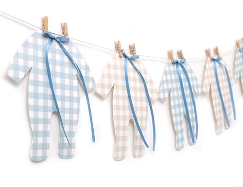 Blaue und cremefarbene Baby-Einteiler-Girlande, 8 Stück, große Babyparty, Banner, Baby-Wäscheleinen-Girlande, blau-karierte Baby-Body, Ausschnitte für geschlechtsneutrale Babyparty oder Blaue und cremefarbene Baby-Einteiler-Girlande, 8 Stück, große Babyparty, Banner, Baby-Wäscheleinen-Girlande, blau-karierte Baby-Body, Ausschnitte für geschlechtsneutrale Babyparty oder von LINLULU