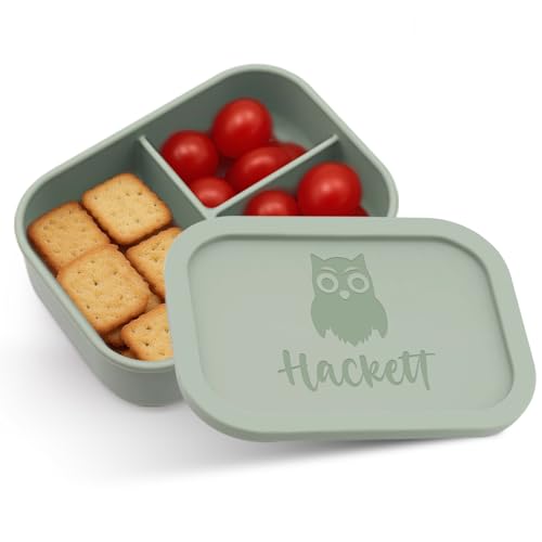 LINMQIU Personalisierte Silikon Bento Box,Lunchbox mit eingraviertem Namen,Individuell gestaltbare Silikon-Snackbox mit 3 Fächern,Hitzebeständig und kühlschrankgeeignet,Geeignet für Arbeit,Armeegrün von LINMQIU