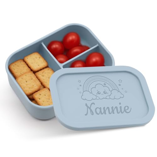Personalisierte Silikon Bento Box,Lunchbox mit eingraviertem Namen,Individuell gestaltbare Silikon-Snackbox mit 3 Fächern,Hitzebeständig und kühlschrankgeeignet,Geeignet für Picknicks,Graublau von LINMQIU