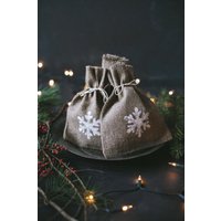 Tasche Aus Leinen/Natur Rustikal Weihnachten Weiß Schneeflocke Weihnachtsgeschenk von LINOHAZE
