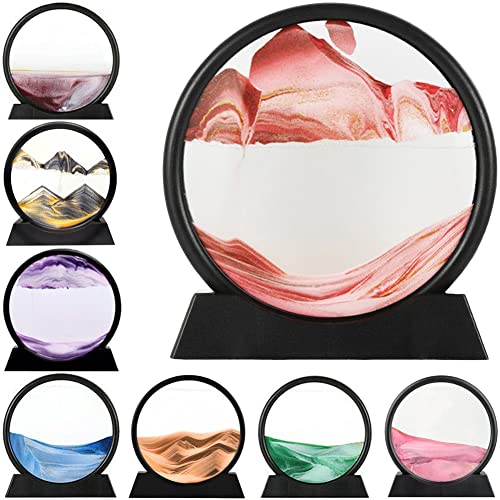 LINPING Fließendes Sandgemälde, bewegliches Sandkunstbild, rundes Glas, 3D-Tiefsee-Sandlandschaft in bewegter Anzeige,Sandrahmen, Heim- und Büro-Desktop-Dekorationen (Rot, 7 Zoll) von LINPING