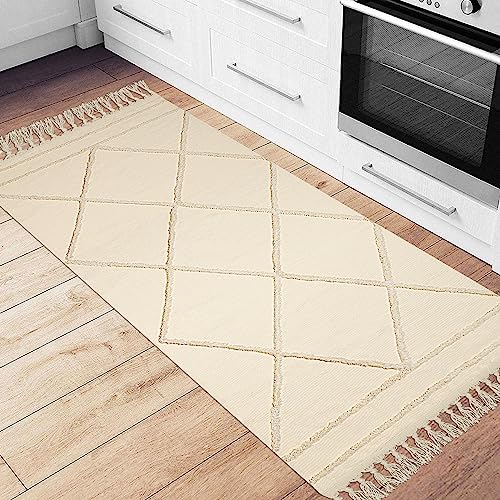 LINROMIA Getufteter Teppich Läufer Teppich 60x150, Boho Beige Baumwolle Area Rug mit Handgewebten Quasten, Waschbar Flur Läufer Teppich für Schlafzimmer Küche Wohnzimmer Eingang von LINROMIA