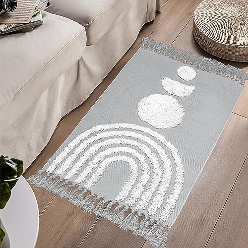 LINROMIA Teppich Klein 60x90 cm, Boho Grau Regenbogen Getuftet Baumwollteppich mit Gewebt Quasten, Waschbarer Teppich für Badezimmer Küche Wohnzimmer Schlafzimmer Flur Esszimmer von LINROMIA