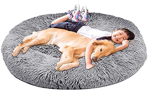 XXL Hundebett Orthopädisch Waschbar Rund Haustierbett für Große Grosse Mittelgroße Hunde XL Hundesofa Antistress Waschbar Kuschelig Hundekissen Memory Foam Hoch Oval Donut Labrador Hundehöhle Grau von LINRUI