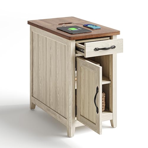 LINSY HOME Beistelltisch 2er Set mit Ladestation, Modern Bauernhaus Sofa Couch Beistelltisch, Holz Nachttisch für Wohnzimmer Schlafzimmer, schmaler Nachttisch mit Stauraum für kleinen Raum, Weiße LINSY HOME Beistelltisch 2er Set mit Ladestation, Modern Bauernhaus Sofa Couch Beistelltisch, Holz Nachttisch für Wohnzimmer Schlafzimmer, schmaler Nachttisch mit Stauraum für kleinen Raum, Weiße von LINSY HOME