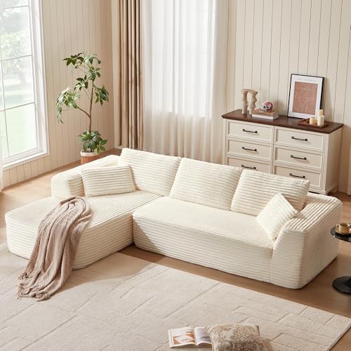 LINSY HOME Ecksofa mit Schlaffunktion - 270cm Corduroy Modulares Schlafsofa, L Form Couch, Sofa 3 Sitzer mit Ottomane, Sektionssofas für Wohnzimmer, Keine Montage erforderlich, Beige von LINSY HOME