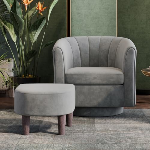 LINSY Drehstuhl mit Ottomane: Kleiner Samt-Fasssessel, 360° drehbar, moderner Sessel, gepolsterter Lesesessel mit Fußstütze für Wohnzimmer, Schlafzimmer, Arbeitszimmer (Grau) von LINSY