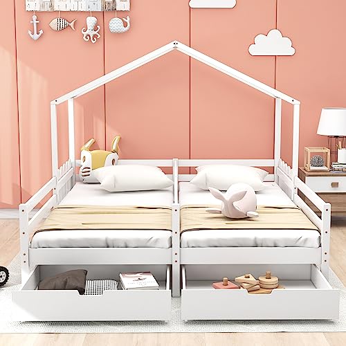 LINTAIZUO Doppelbett 200x90cm, Kinderbett mit Rausfallschutz und Gitter, Babybett mit 2 MDF-Schubladen, Schubladen auf Rollen, weiße Kiefernplatte von LINTAIZUO