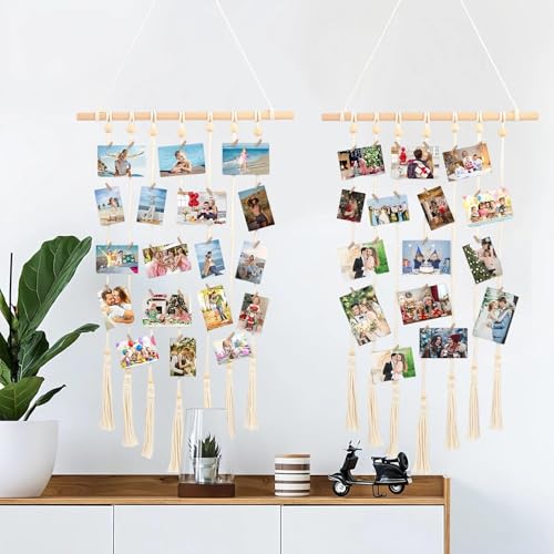 LINTRA Fotowand mit Klammern, 2 Stück Schnur Hängende Bilder Dekor, Gefertigt aus Holz und Baumwolle Fotowand zum Aufhängen, mit 60 Clips und 4 Wandhaken, für Schlafzimmer, Studie, Wohnzimmer von LINTRA