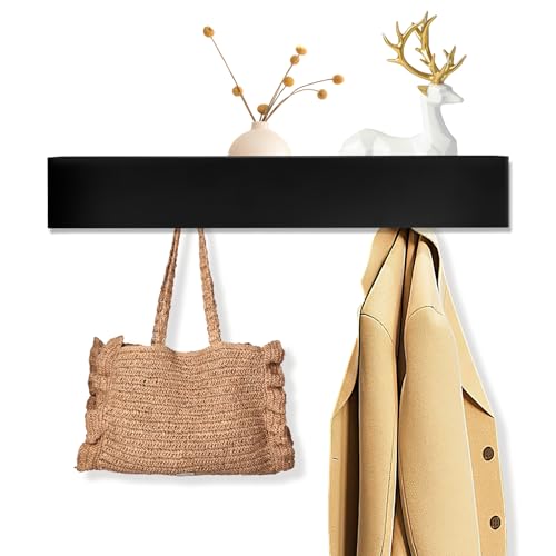 LINTRA Jackenhalter Wand, Wandmontierter Wandgarderobe mit Ablage, Schwarzer Hakenleiste Garderobe, mit 5 Verdeckten Haken und Holzablage, für Schlafzimmer, Flur und Wohnzimmer von LINTRA