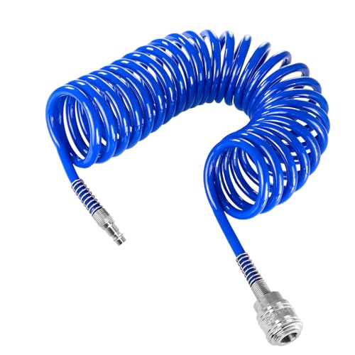 LINTRA Kompressor Schlauch, Länge 5 m Spiralschlauch Druckluft, Außendurchmesser 12 mm, Innendurchmesser 8 mm, mit Schnellverbinder, Blau PU Luftdruckschlauch, für Pneumatikwerkzeuge, Luftpumpen von LINTRA