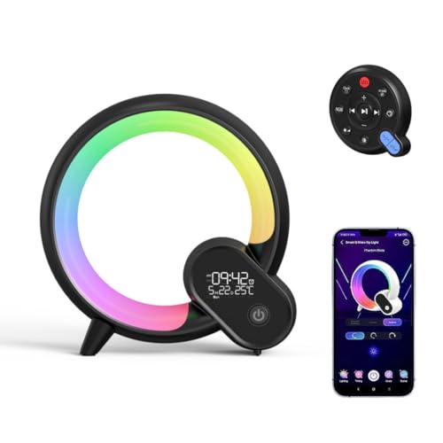 LINTRY Intelligente LED Tischlampe, Wake Up Light Smart Wecker Simuliert, Dimmbare AtmosphäRenlampe Musik Alarm Clock Kalender Uhr Temperatur, APP Steuerung Nachtlicht Mit Bluetooth Lautsprecher von LINTRY