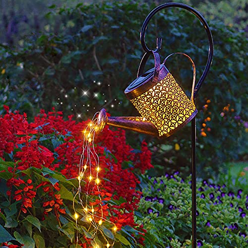 Leuchtende Gießkanne Solar mit Lichterkette, Solarlampen für Außen Gießkanne, LED Solar Wasserfall Gießkanne IP55 Wasserdicht für Garten(Mit Shepherd's Hook) von LINTRY