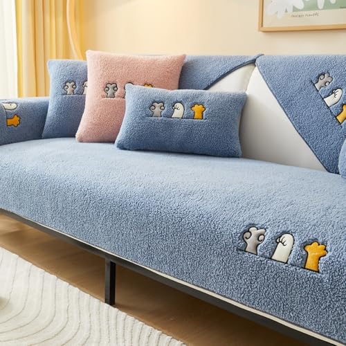 rutschfeste Samt Sofabezug, L Form 1 2 3 4 Sitzer Weicher Sofaüberwurfe, Cuddly Sofahusse Sofa Couch überzug Ecksofa, Sofaschoner für Hunde (Blau, 90 * 180cm) von LINTRY