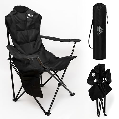 LINUMA® Luxus Faltstuhl SCHWARZ Campingstuhl Anglerstuhl mit Getränkehalter & Tragetasche - Anglersessel klappbar - Klappstuhl Gartenstuhl Faltstuhl Relaxsessel Angelsessel faltbar (1, Schwarz - PRO) von LINUMA