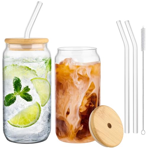 LINXIU Glasbecher in Dosenform, Dosenförmige Glasbecher 500ml Trinkgläser mit Bambusdeckel und Glasstrohhalm Eiskaffee Gläser für Cocktails Whisky Soda 2er Set von LINXIU