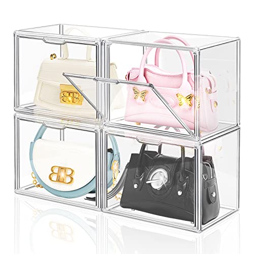 4 Packungen transparente Kunststoff-Handtaschen-Aufbewahrungs-Organizer für Schrank, Acryl-Displaybox für Handtasche, stapelbare Aufbewahrungsboxen, Taschen-Organizer mit magnetischer Tür von LINYAPRY