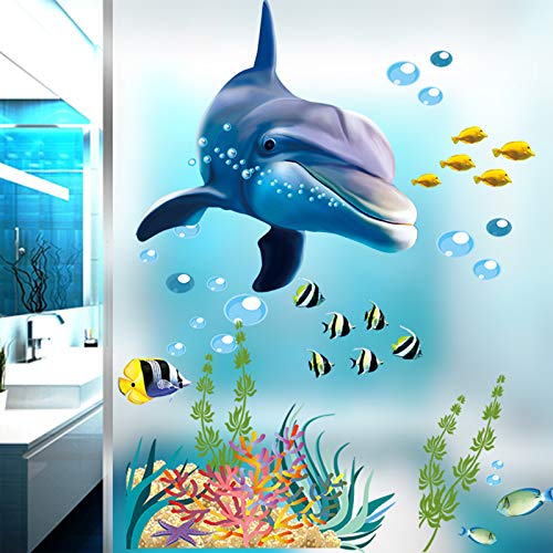Aquarell Ozean Blau Wal Wandtattoo, 3D Unter dem Meer Welt Leben Marine Tier Fisch Wand Dekoration, Unterwasser DIY Weltkunst Wandaufkleber für Wohnzimmer Badezimme Kinderzimmer von LINYAPRY