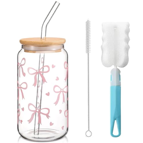 LINYIJOY Glas Trinkbecher mit Deckel und Strohhalm, 16 oz Trinkgläser Bubble Tea Becher Iced Coffee Glas, Rosa Schleife Glasbecher Bow Glasbecher Vielseitiges Trinkglas für Kaffee, Cocktails und Mehr von LINYIJOY