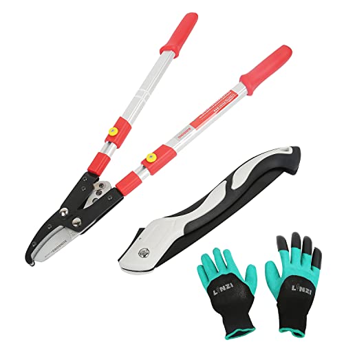 LINZI Teleskop Ratschen Amboss-Astschere Aluminiumgriff Robuste 660–970 mm + klappbare Astsäge Bügelsäge 250 mm + Gartenhandschuhe, Manuelle Gartenschere Schere Kit von LINZI