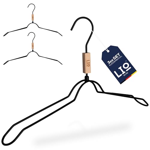 LIO HOME® 3er-Set Kleiderbügel aus Metall in schwarz oder weiß mit FoldFree Faltenschutz – Stabile Drahtbügel mit [Breiten Schultern] für formbeständige Kleidung und 360° drehbarem Haken von LIO HOME