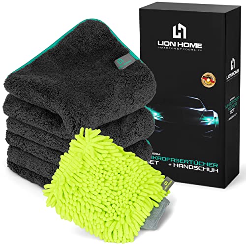 Lion Home Mikrofasertuch-Set | 1200 GSM | 3er Set 40x40cm + Gratis Mikrofaserhandschuh | Schonende & saugstarke Reinigung für Autos, Fenster, Spiegel und mehr von LION HOME SMARTEN UP YOUR LIFE