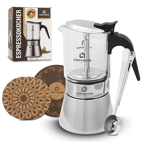 LION HOME Espressokocher | Glas & Edelstahl Design für 6 Tassen | Inkl. Kork-Untersetzer | Für alle Herdarten geeignet | leicht zu reinigen | Eleganz trifft Funktionalität von LION HOME SMARTEN UP YOUR LIFE