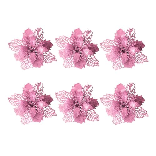 LIOOBO Christmas Glitter Artificial Christmas Flower Pattern 6 Pieces Christmas Tree Flower Pattern Ornaments Xmas Party Decoration (Pink) von LIOOBO