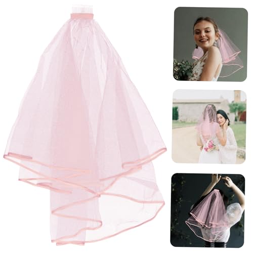 LIOOBO Doppellagiger Brautschleier Kurz mit Satinrand Elegantes Haarband für Hochzeit Party Fotoshooting Klassischer Stil Rosa Vielseitiger Schleier für Braut und Junggesellinnenabschied von LIOOBO