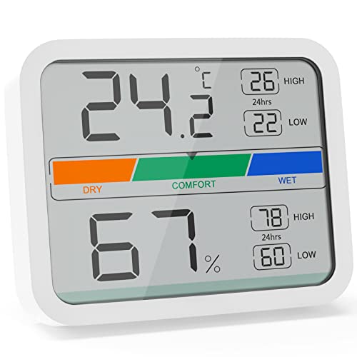 LIORQUE Digitales Thermometer Innen Hygrometer digital Thermo-Hygrometer mit Magnet, MIN/MAX- Aufzeichnungen Zimmerthermometer, inkl. Batterie, Weiß von LIORQUE