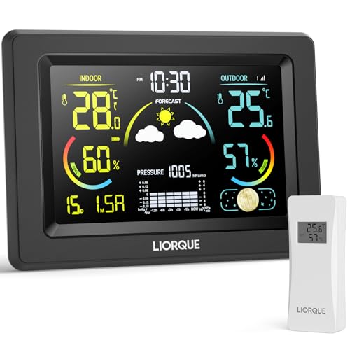 LIORQUE Wetterstation Funk mit Außensensor, DCF Funkuhr, Funkwetterstation mit Wettervorhersage, Innen und Außentemperatur/luftfeuchtigkeit, Barometer und Mondphase, LCD VA Display von LIORQUE
