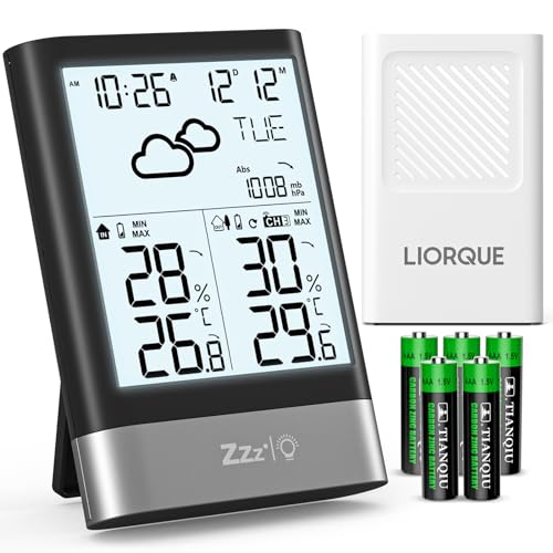 LIORQUE Wetterstation Funk mit Außensensor Digital Thermometer Hygrometer Innen und Außen Funkwetterstation mit Wettervorhersage Batteriebetrieben Uhrzeitanzeige Wecker (Schwarz/Silber) von LIORQUE