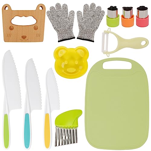 LIPJISL 13-teiliges Kindermesser Kinder Küchenmesser Set zum Schneiden und Kochen inklusive Holzmesser Schneidebrett Schäler Kinderhandschuhe Gemüse Ausstechformen (Kätzchen) von LIPJISL