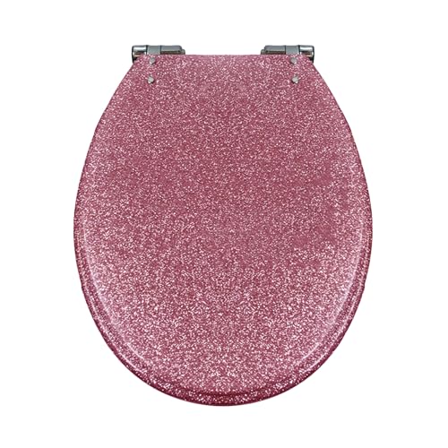 LIQONWAG Glitzernder Toilettensitz, 36 * 42 Cm, Runder Toilettensitz Aus Kunstharz, Dicker Toilettendeckel, Langsam Schließend, Schnellverschluss, Leicht Zu Reinigen Und Zu Installieren/Pink von LIQONWAG