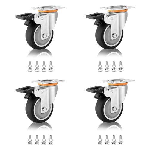 LIQONWAG Hochleistungs-Ersatz-Plattenrollen - 4Er-Pack, 3 Lenkrollen Aus Thermoplastischem Gummi Mit Doppelverriegelung, Für Rollwagen Und Möbel/Brake+Brake/75Mm/3In von LIQONWAG