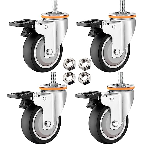 LIQONWAG M10 M12 Lenkrollen Mit Gewindeschaft, 4Er-Pack, 2,5 Zoll, 3 Zoll, 4 Zoll, 5 Zoll, Robuste Tpr-Gummi-Lenkrollen Mit Doppelter Feststellbremse, Ersatzrollen Für Möbelwagen/Brake/75Mm-B von LIQONWAG