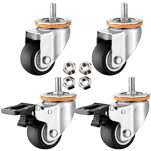 LIQONWAG M10 M12 Lenkrollen Mit Gewindeschaft, 4Er-Pack, 2,5 Zoll, 3 Zoll, 4 Zoll, 5 Zoll, Robuste Tpr-Gummi-Lenkrollen Mit Doppelter Feststellbremse, Ersatzrollen Für Möbelwagen/Swivel+Brake/6.3Cm-A von LIQONWAG