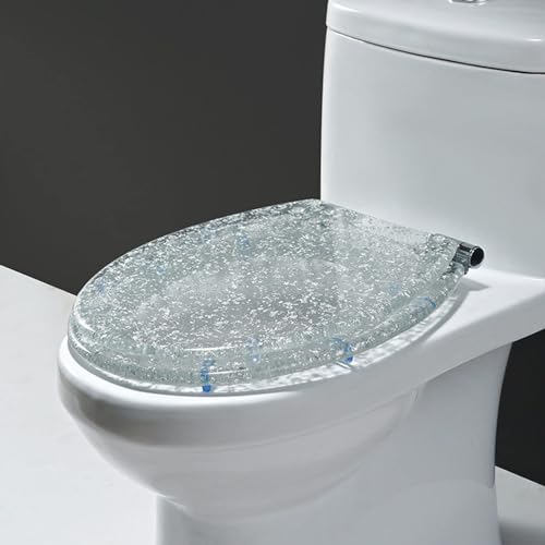LIQONWAG Toilettensitz Aus Kunstharz, Verlängerter Toilettensitz Mit Absenkautomatik, Schnellverschluss, Leicht Zu Reinigender Toilettensitz, Robuste Toilettensitze Mit Glitzerbezug, 36 X 42 cm/Clear von LIQONWAG