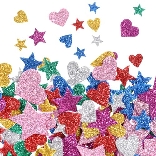 LIQWEI 480 Stück Glitter Schaumstoff Aufkleber, Schaumstoff Sticker Kinder 2 Muster Moosgummi Herz Glitter Aufkleber Selbstklebend Sternschaumaufkleber Für Fertigkeit Dekoration Kinder Wand Dekoration von LIQWEI