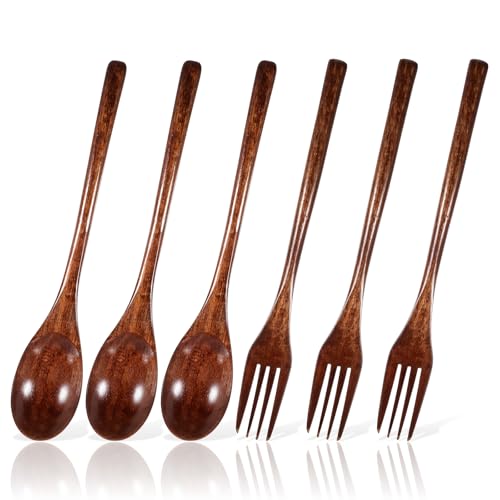 LIQWEI 6 Stück Holzbesteck Set, Hölzern Löffel Gabel Set Holzlöffel Holz Gabeln Lange Griff japanisch Stil Besteck Sets Für Camping Draussen Küche Kochen Abendessen Geschirr von LIQWEI