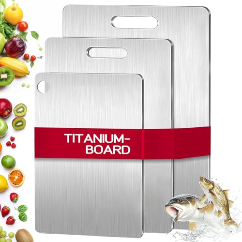3 Stück Titan Schneidebrett, S316 Schneidebrett Edelstahl, Edelstahl Titanium Cutting Board, Doppelseitiges Lebensmittel Grade Schnei-debrett, Titanium Cutting Board für Fleisch, Brot, Gemüse, Obst von LIROPAU