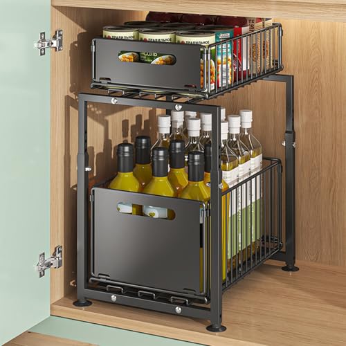 Doppelschicht Teleskopschublade Ausziehbarer Schrank Organizer, Ausziehbare Schublade Küche, Unterschrank Organizer küchenschrank Metall Pull Out Drawer für Küchenschränke, 37.5 L x 29 B x 41-49 cm H von LIROPAU