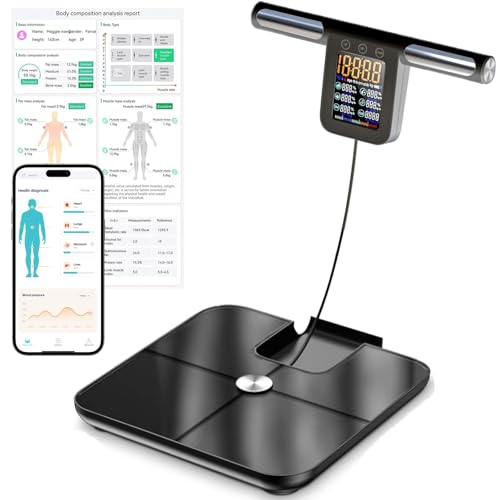 Körperfettwaage mit Handsensoren, Körperanalysewaage mit Großer Display-Griff, Waage mit 8 Hochpräzisen Sensoren und APP, Personenwaage mit Körperfettanalyse für 32 Messwerten (Black) von LIROPAU