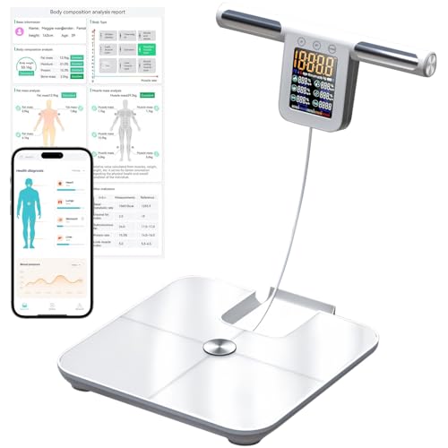 Körperfettwaage mit Handsensoren, Körperanalysewaage mit Großer Display-Griff, Waage mit 8 Hochpräzisen Sensoren und APP, Personenwaage mit Körperfettanalyse für 32 Messwerten (White) von LIROPAU